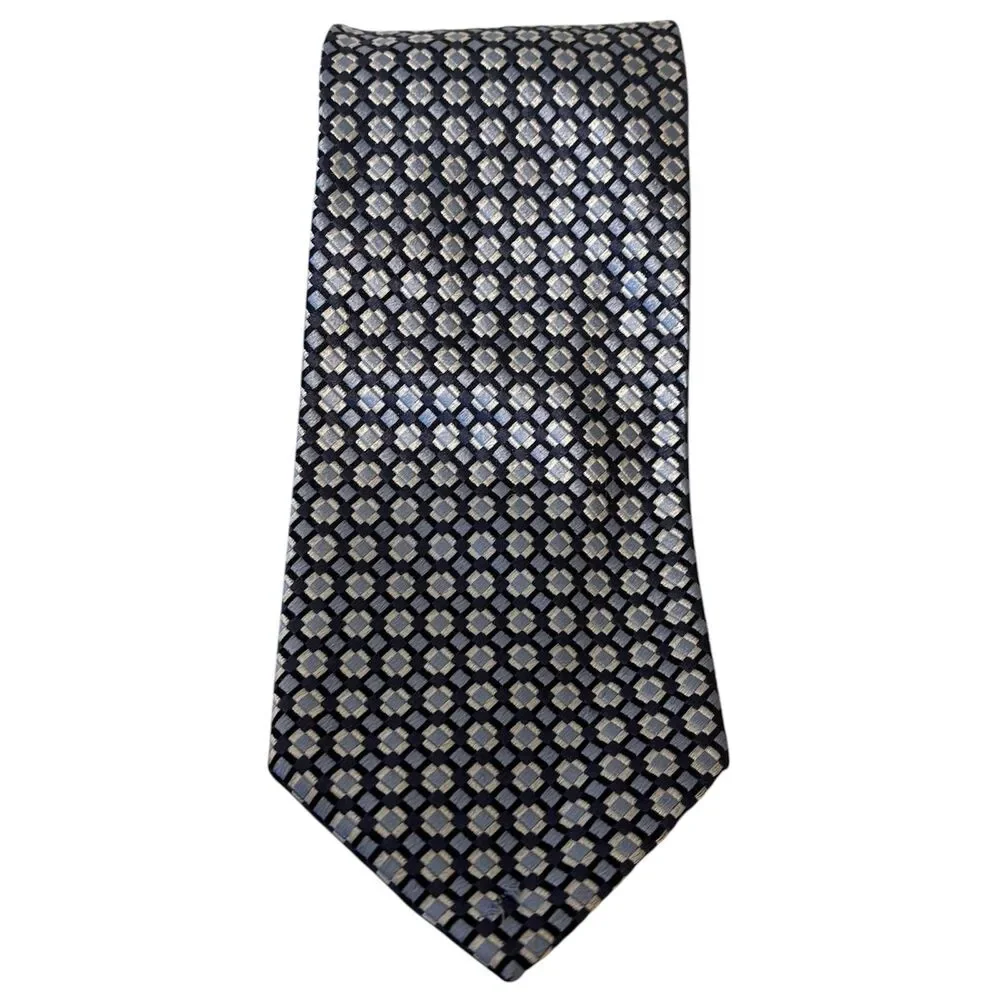 Gianfranco Ferre Silk Tie Blue Silver Geometric Square Pattern Made in Italy